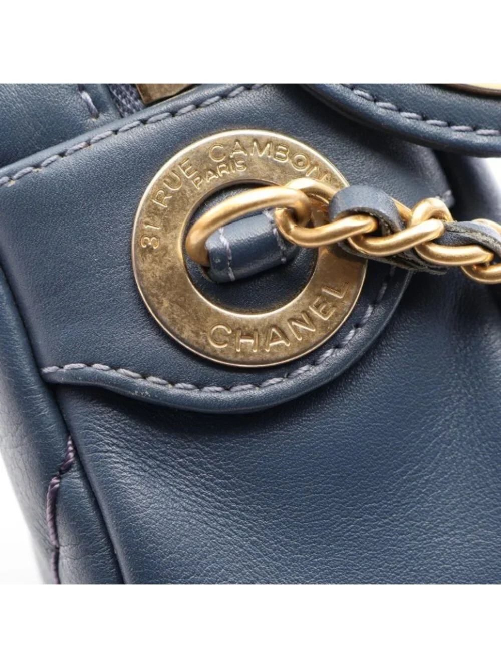 Chanel Shoulder Bag Stitch Che Blanc Smoked Blue Leather Mini Chain